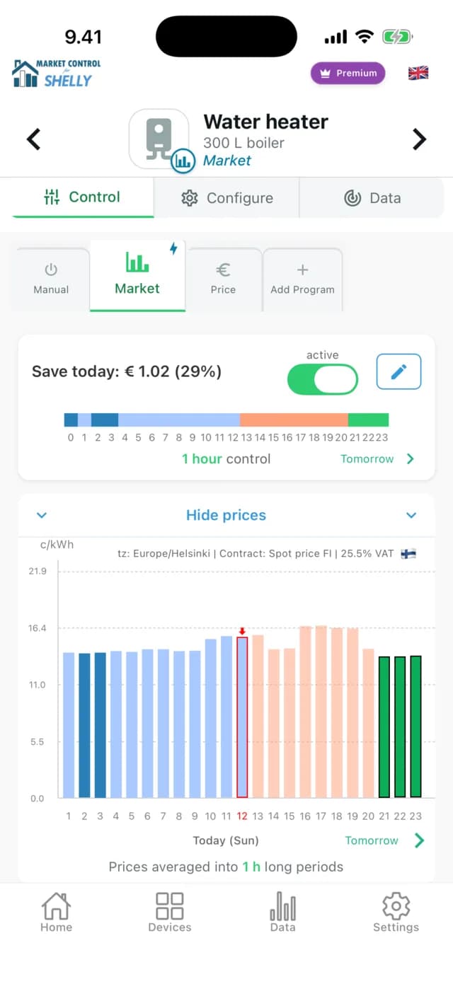 The water heater view: today's market prices with the cheapest hours in green