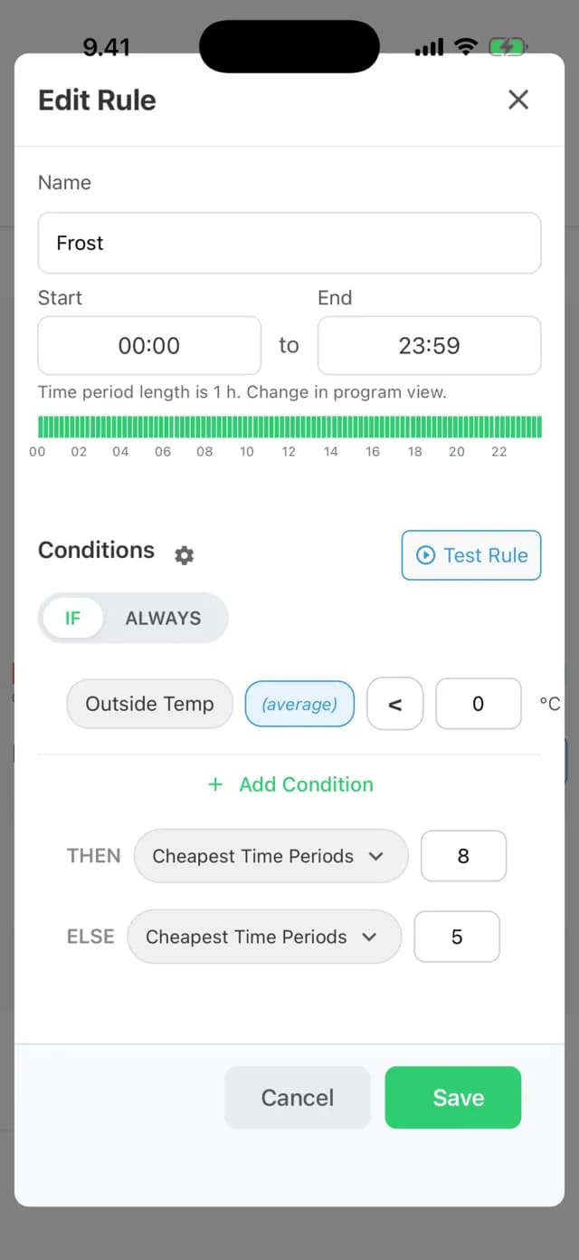 Editing a rule: if the outside temperature is below 0 °C, heat for the eight cheapest periods, otherwise five