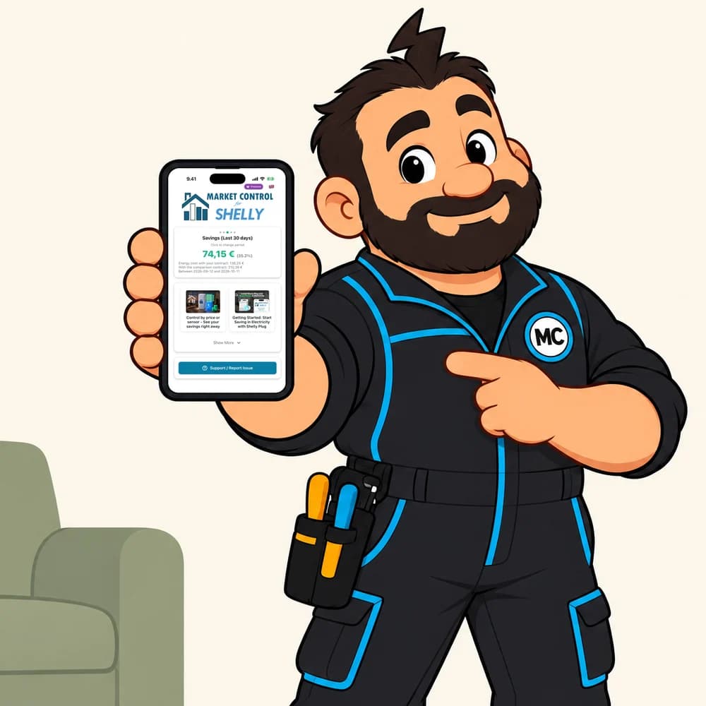 The cartoon character Marco, an electrician, holding a phone with the Market Control app